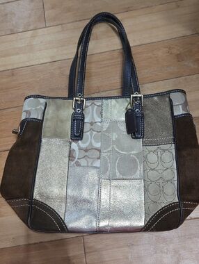 Coach Vintage Patchwork Metallic and Brown Tote Handbag